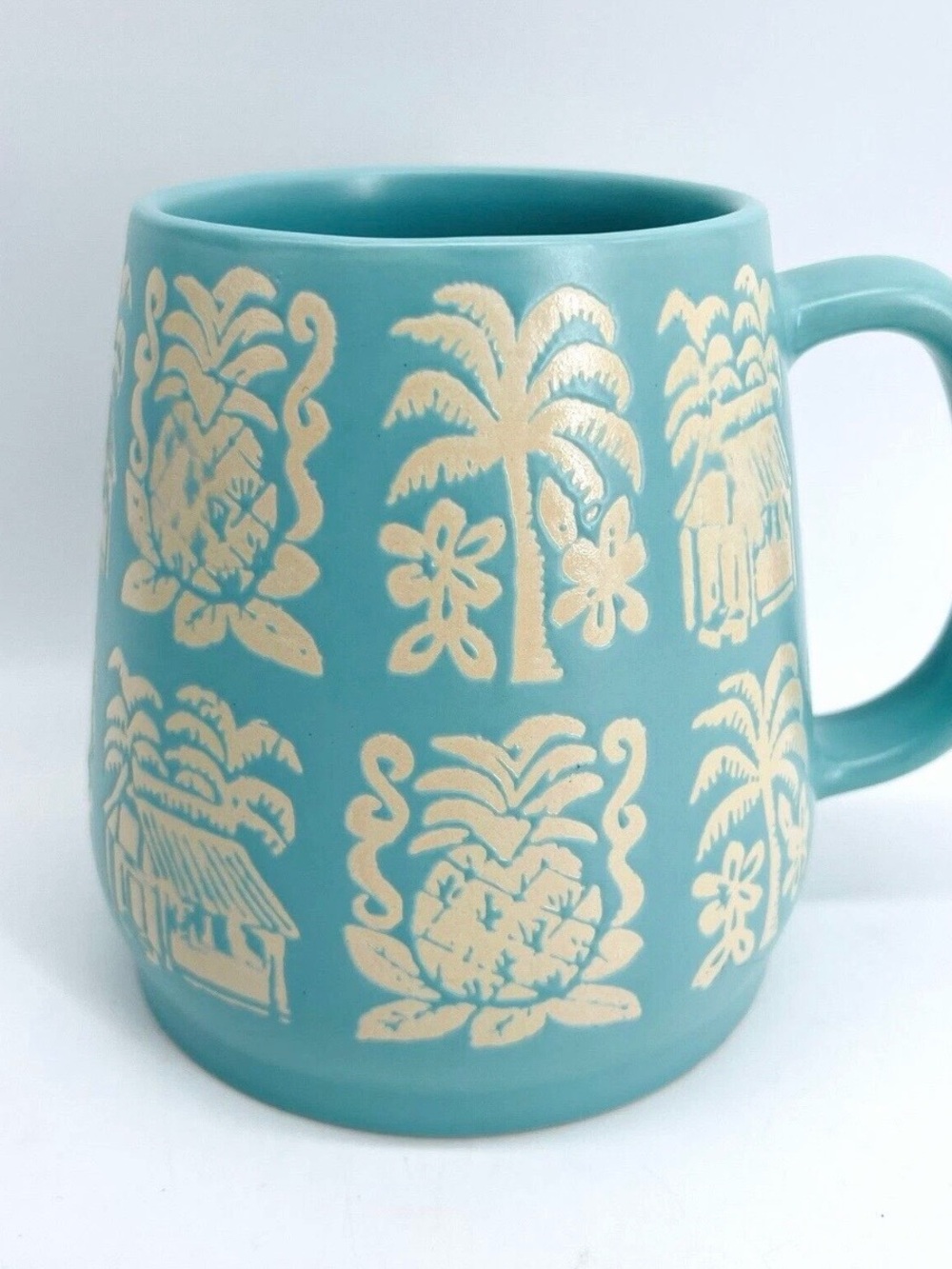 Opalhouse Tiki Coffee Mug ~ Stoneware ~ Matte Teal ~ Hut Palm Pineapple ~ 24oz